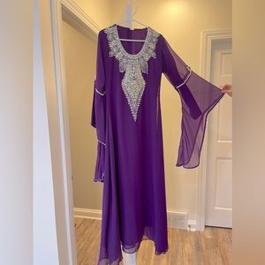 Purple Traditional Beaded Dress, Maxi, Bell Sleeve Size M